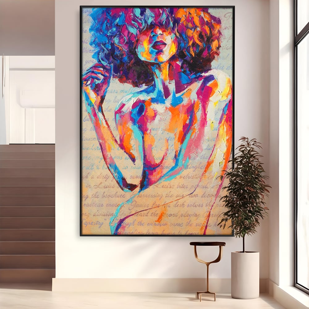 Tablou canvas cu tablou canvas cu portret abstract de femeie, in rama de aluminiu negru